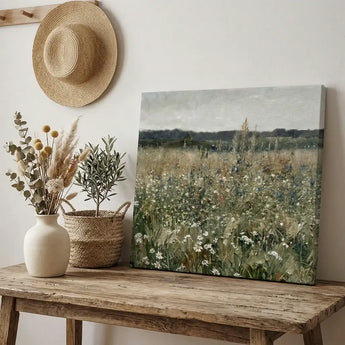 Canvas print of wildflower field on rustic wood table with straw hat and vase decor