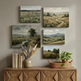 Gallery wall of five landscape canvas prints above wooden console with books, vase, and plant.