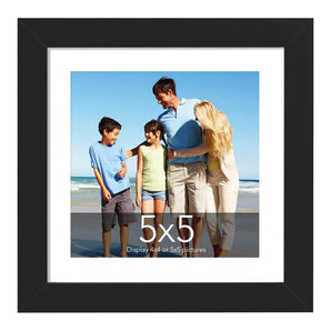 Black square picture frame with 5x5 display, showcasing a family photo at the beach.