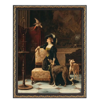 Classic painting of a woman in Victorian dress with two dogs and a bird in an ornate frame