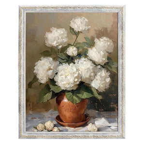 Framed canvas print of white peonies in a brown vase, classic floral home decor