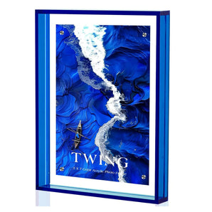 Blue acrylic photo frame with abstract ocean artwork and a boat, customizable home decor