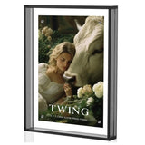 Acrylic photo frame displaying serene woman with cow in floral setting, customizable decor.