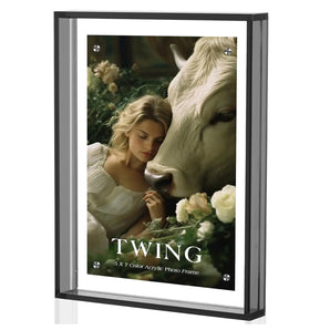 Acrylic photo frame displaying serene woman with cow in floral setting, customizable decor.