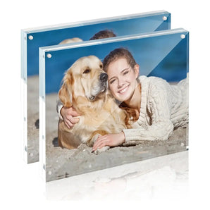 Custom acrylic photo frame with woman and golden retriever on beach, personalized home decor
