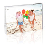 Personalized acrylic photo frame with family at the beach, bright balloons, custom home decor