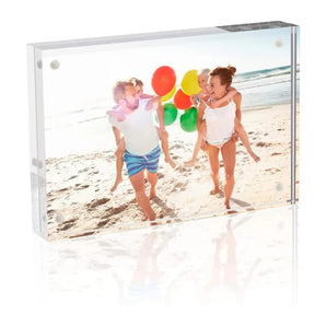Personalized acrylic photo frame with family at the beach, bright balloons, custom home decor