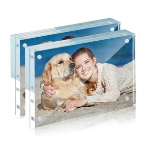 Custom acrylic photo frames with a woman and golden retriever on a beach