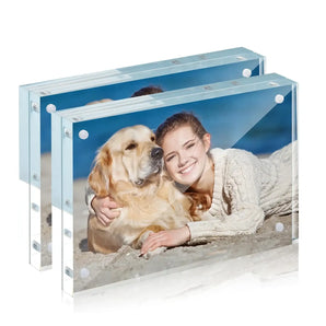 Custom acrylic photo frames displaying woman and golden retriever on beach