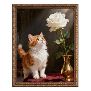 Framed art print of a curious orange and white cat looking at a white rose in a gold vase