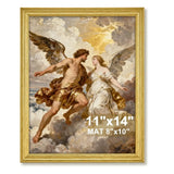 Elegant gold-framed print of classical angel artwork, clouds background, size 11x14 inches