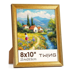 Gold picture frame 8x10 inch with colorful landscape painting and a child on a flower path.