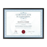 Framed certificate of achievement with seal, blue border, customizable for home decor