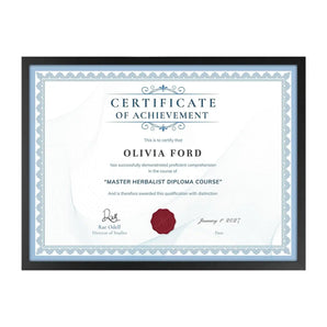 Framed certificate of achievement with seal, blue border, customizable for home decor