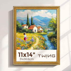 Framed canvas art print of a girl walking on a flower path by cottages and mountains, 11x14 inches