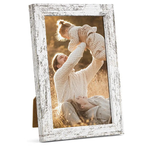 Rustic white picture frame displaying family photo in cozy outdoor setting