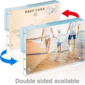 Double sided acrylic photo frame with beach family picture and postcard design