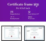 Certificate frame size guide 8.5x11 inch, features frame with wood grain, hanging hardware.