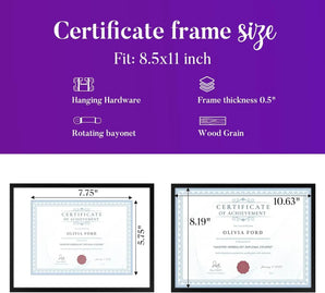 Certificate frame size guide 8.5x11 inch, features frame with wood grain, hanging hardware.