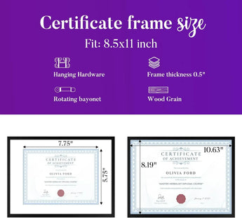 Certificate frame size guide 8.5x11 inch, features frame with wood grain, hanging hardware.