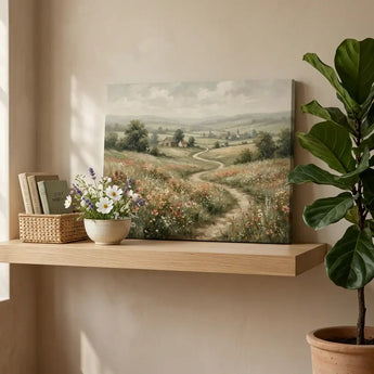 Custom canvas print of a countryside landscape on a wooden shelf with books, flower vase, and plant