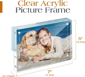 Clear acrylic picture frame displaying a woman and dog photo, frame size 7x5 inches