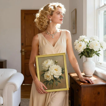 Woman in beige dress holding custom floral frame, standing by white roses and window in elegant room