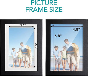 Side-by-side black photo frames with size measurements, displaying a family beach picture