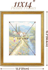 11x14 inch gold picture frame with white mat, displaying a countryside landscape print