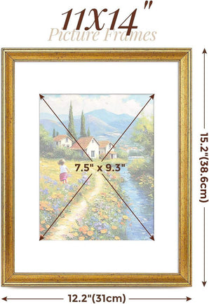 11x14 inch gold picture frame with white mat, displaying a countryside landscape print