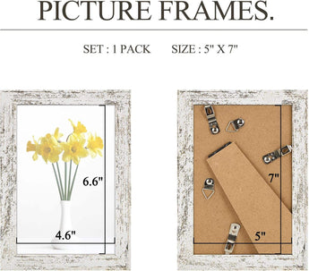 Rustic white 5x7 picture frame set, front with yellow flowers, back with stand and hooks.