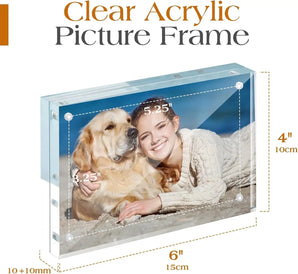 Clear acrylic picture frame displaying a photo of a smiling woman and dog, size 6x4 inches.