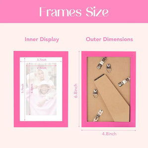 Pink custom photo frame size guide with inner display and outer dimensions listed in inches