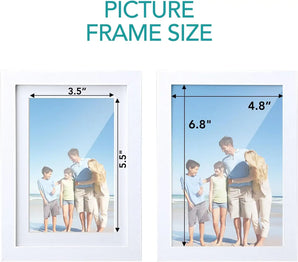 Two white picture frames with measurements 3.5 x 5.5 inches and 4.8 x 6.8 inches, displaying a family photo on the beach.