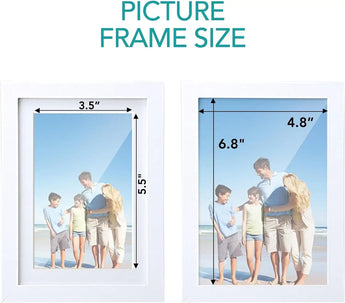 Two white picture frames with measurements 3.5 x 5.5 inches and 4.8 x 6.8 inches, displaying a family photo on the beach.