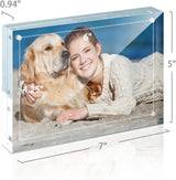 Acrylic photo frame displaying a woman and dog on the beach, frame size 7x5 inches