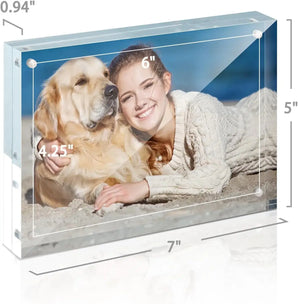 Acrylic photo frame displaying a woman and dog on the beach, frame size 7x5 inches