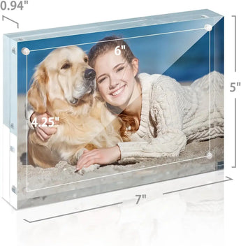 Acrylic photo frame displaying a woman and dog on the beach, frame size 7x5 inches
