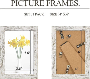Rustic white 4x6 inch picture frame set with measuring guide and stand, front and back views.