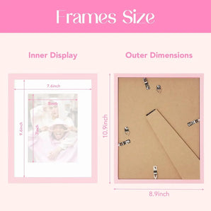 Pink photo frame size guide showing inner display and outer dimensions with measurements.