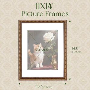 11x14 picture frame with ornate border, displaying a cat and white rose artwork, size measurements included
