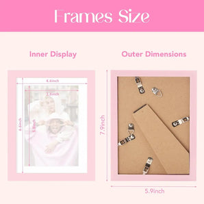Pink photo frame dimensions diagram showing inner display and outer size measurements
