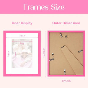 Pink picture frame size guide showing inner display and outer dimensions in inches.