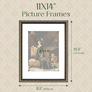 11x14 inch ornate picture frame with mat, dimensions highlighted on decorative background