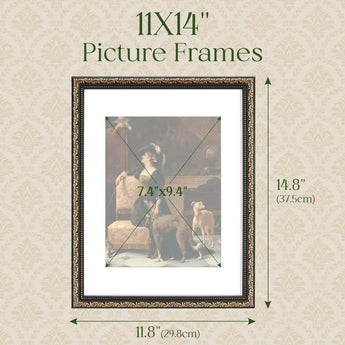 11x14 inch ornate picture frame with mat, dimensions highlighted on decorative background