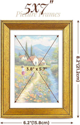 Gold 5x7 inch picture frame with floral art print, measurements in inches and centimeters