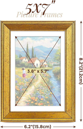 Gold 5x7 inch picture frame with floral art print, measurements in inches and centimeters