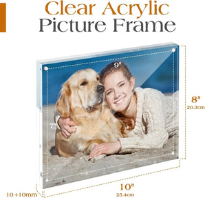 Clear acrylic picture frame displaying a photo of a woman and dog on the beach, frame size 10x8 inches.