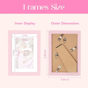 Pink picture frame size guide with inner and outer dimensions labeled in inches