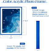 Color acrylic photo frame with ocean art, showing front and side dimensions and display options.